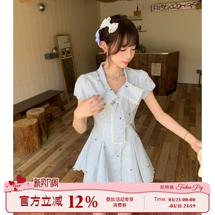连衣裙女泡泡袖 夏日绝美条纹衬衫 甜美收腰小短裙 蝴蝶蓝调 织物猪