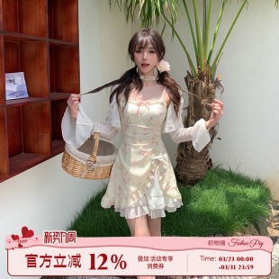 织物猪 甜美风碎花吊带连衣裙女夏荷叶边开叉收腰短裙 千金玛德琳