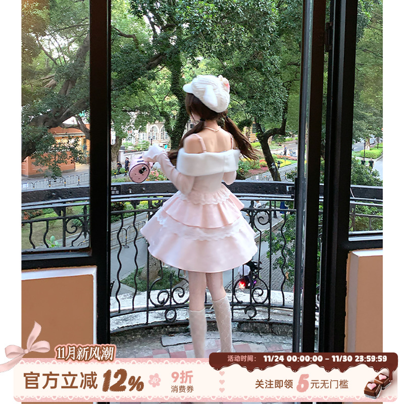 织物猪 甜樱泡芙 甜欲风粉色一字肩连衣裙女秋针织拼接长袖公主裙