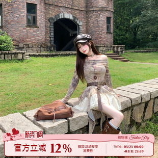 废土辣妹风棕色一字肩飘带上衣女蓬蓬短裙套装 织物猪 复古原野