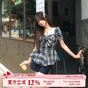 【直播间专属】织物猪 夏末回忆 学院风格纹方领上衣女夏短袖衬衫