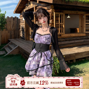 织物猪 焦糖布蕾 暗黑风印花晕染束腰连衣裙女夏日不规则吊带短裙