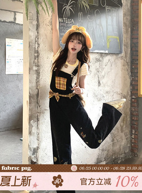 织物猪 黄油拿铁 甜酷风黑色刺绣牛仔背带裤女原创直筒减龄长裤子