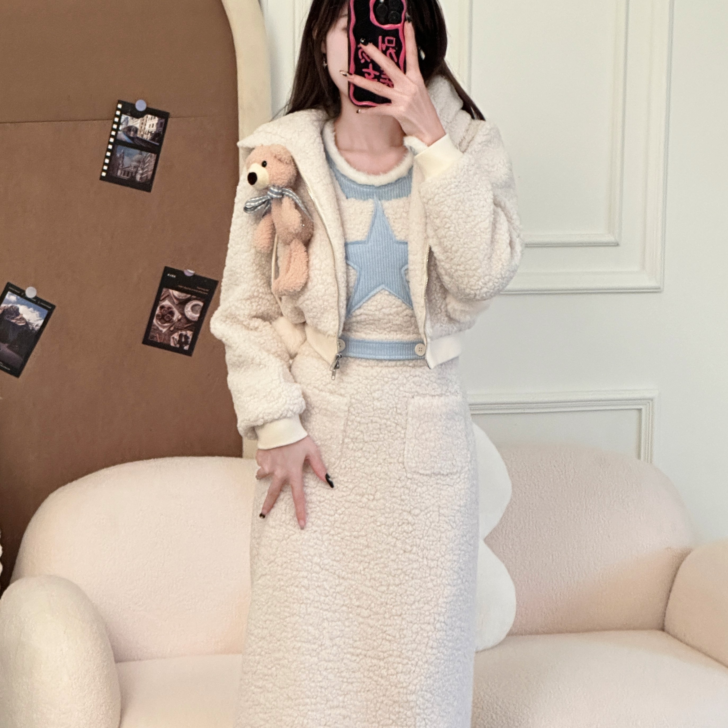 织物猪少女风毛绒秋冬套装