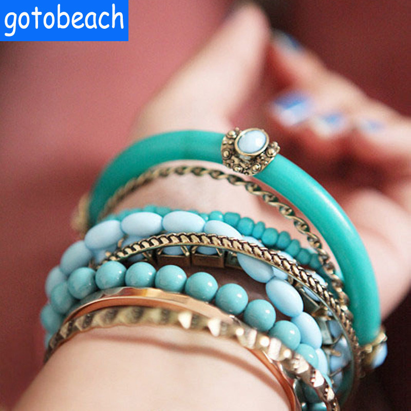 经典波西米亚风多层串珠手链镶嵌绿色宝石手镯女百搭配饰首饰包邮