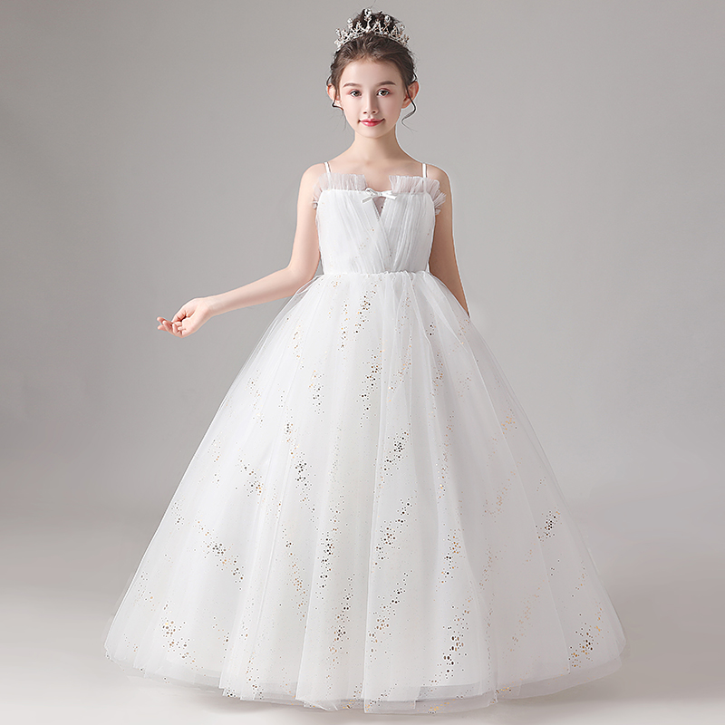 儿童礼服女童花童婚纱蓬蓬裙钢琴演出服小主持人生日公主裙白色
