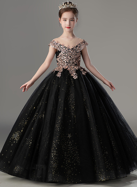 儿童晚礼服黑色女童公主裙蓬蓬纱小主持人生日模特走秀钢琴演出服