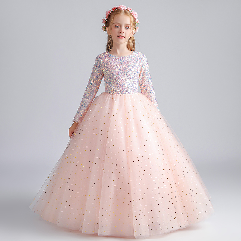 儿童礼服长袖秋冬女童亮片婚纱