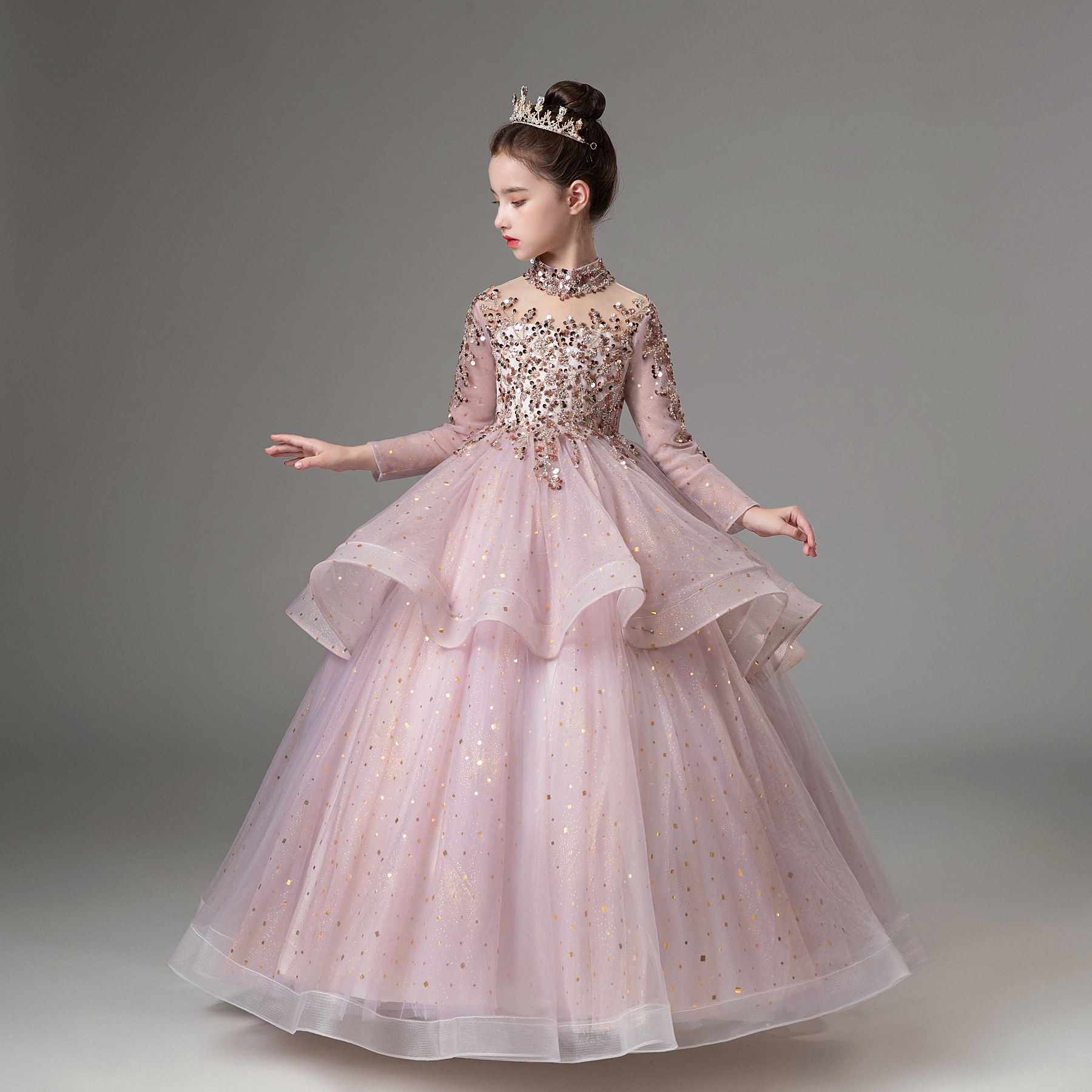 儿童晚礼服长袖秋冬高端女童花童生日公主裙主持人钢琴古筝演出服