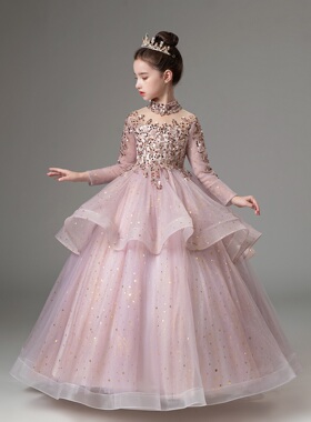 儿童晚礼服长袖秋冬高端女童花童生日公主裙主持人钢琴古筝演出服