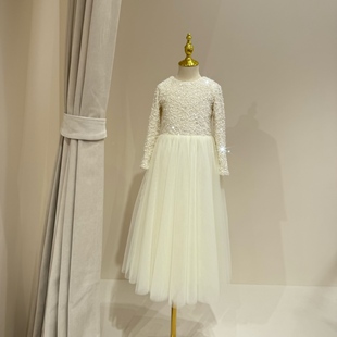 儿童礼服长袖女童加绒冬季生日花童公主裙圣诞节钢琴演出服简约风