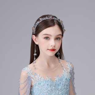 儿童发饰水晶流苏发箍高级感蓝色女童生日公主裙主持演出礼服配饰