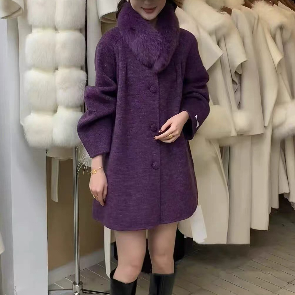 冬日千金感紫色加厚毛呢大衣女
