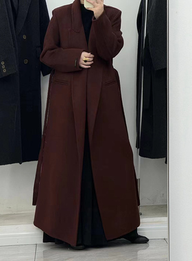 秋冬新款西装领中长款双面羊毛呢大衣女高级感赫本风系带呢子外套