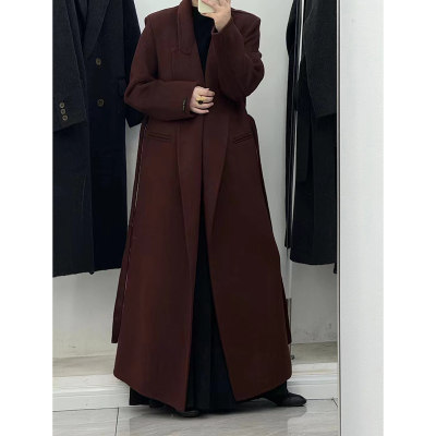 秋冬新款西装领中长款双面羊毛呢大衣女高级感赫本风系带呢子外套