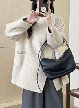 设计短款双面羊毛绒大衣女2024秋冬新款小个子高级感气质毛呢外套