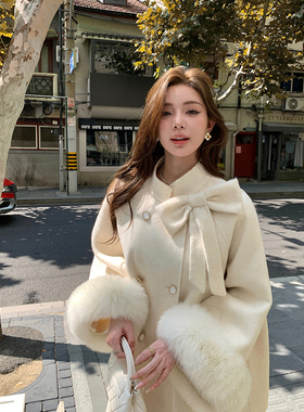双面羊绒千金风蝴蝶结皮草狐狸毛双面呢羊毛大衣女秋冬斗篷外套
