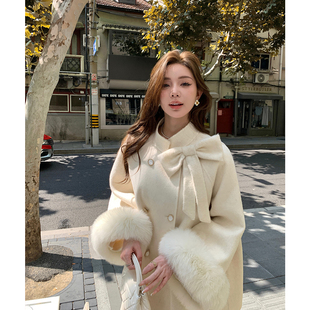 双面羊绒千金风蝴蝶结皮草狐狸毛双面呢羊毛大衣女秋冬斗篷外套