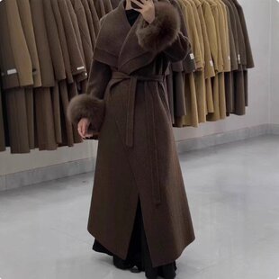 狐狸毛袖 过膝狐狸毛领收腰毛呢外套 高端咖色双面羊毛大衣女长款