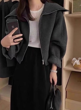 欧洲站2025秋冬时尚学院风海军领澳洲羊毛短外套女大翻领羊绒大衣