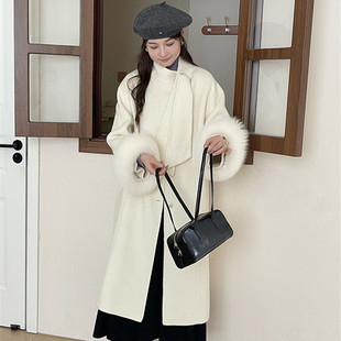 高级感狐狸毛袖双面呢羊绒大衣女中长款宽松气质名媛风羊毛呢外套