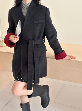 欧货气质V领拼色双面羊毛大衣女秋冬新款时髦洋气系带羊毛呢外套