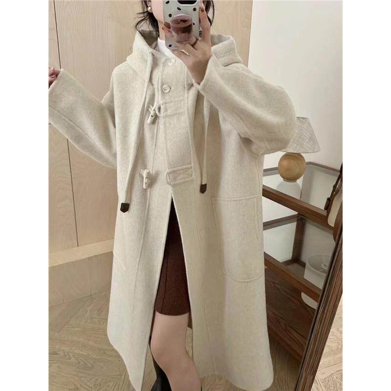 2025秋冬新款韩系高级感双面羊绒大衣女牛角扣连帽加厚羊毛呢外套