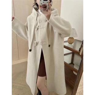 2025秋冬新款韩系高级感双面羊绒大衣女牛角扣连帽加厚羊毛呢外套