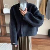 小香风韩版 2025新款 秋冬双面羊绒大衣女短款 宽松显瘦圆领毛呢外套