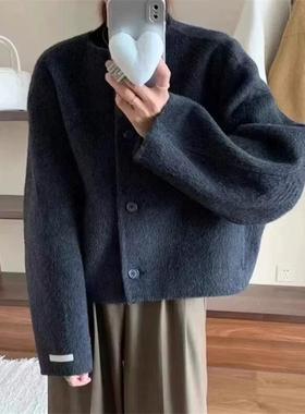 2025新款秋冬双面羊绒大衣女短款小香风韩版宽松显瘦圆领毛呢外套