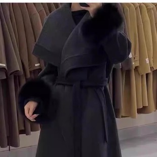 狐狸毛袖高端咖色双面羊绒大衣女长款过膝狐狸毛领收腰毛呢外套