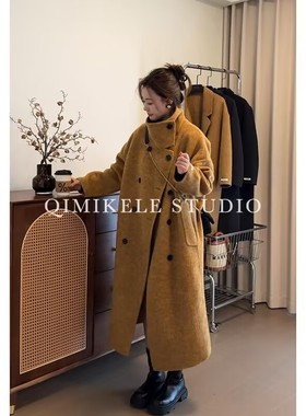 2025长毛立领双面羊绒大衣秋冬新款女宽松高级感中长款羊毛呢外套