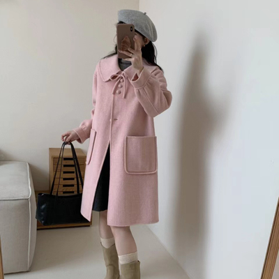 羊毛外套秋冬荷叶领系带蝴蝶结单排扣100绵羊毛双面羊绒大衣外套