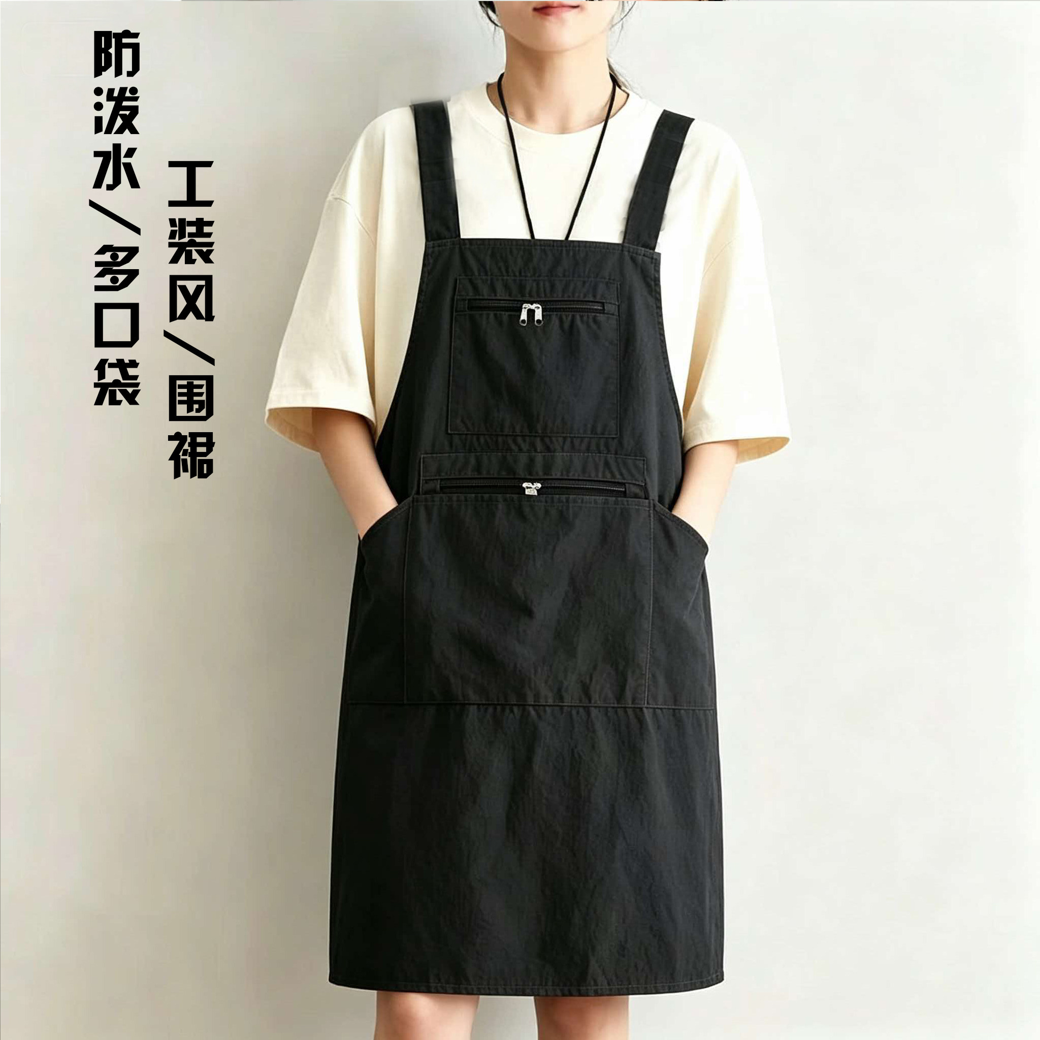 新时尚工装风多口袋防泼水背带围裙男女厨房防油污上班工作服定制