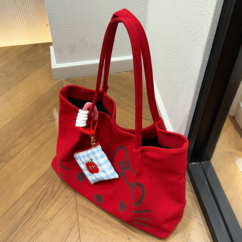 hellokitty包包红色帆布包大容量单肩包通勤旅游出行印花托特包包
