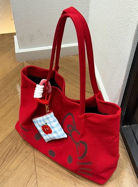 hellokitty包包红色帆布包大容量单肩包通勤旅游出行印花托特包包