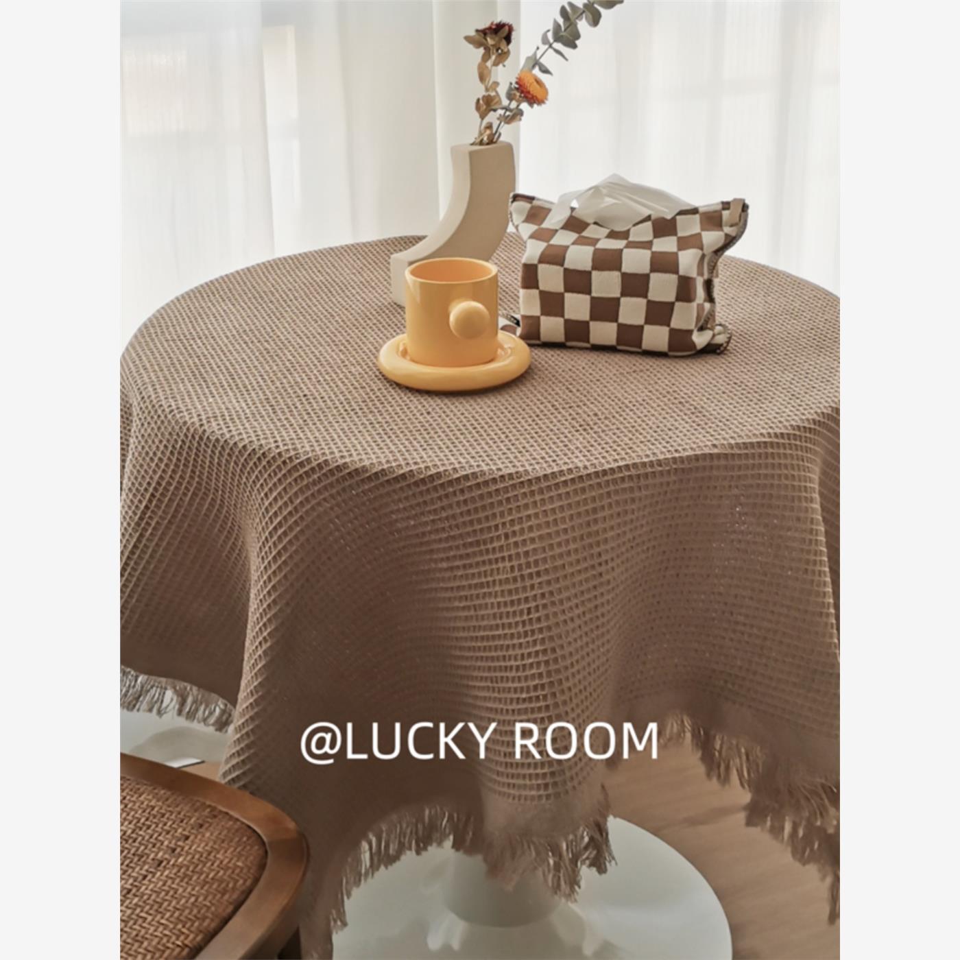 卡其色圆桌茶几桌布罩2024新款餐桌高级感ins风法式复古蕾丝桌布