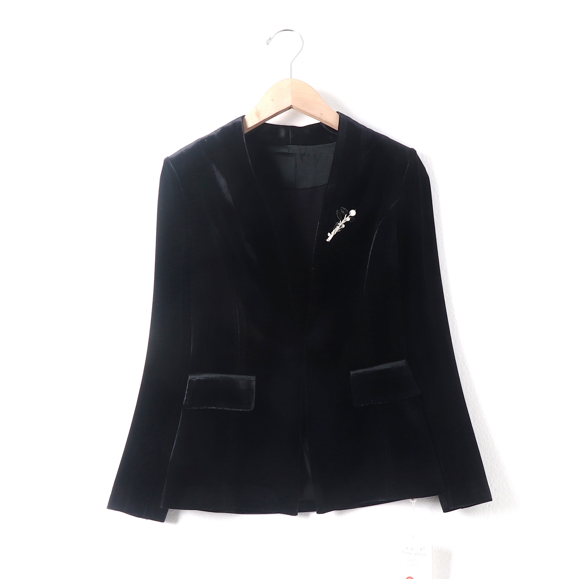 轩颖兰帝黑色丝绒西装外套女秋装金丝绒小西服v领修身气质小西装