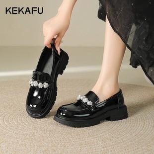 一脚蹬单鞋 珂卡芙黑色厚底乐福鞋 漆皮珍珠英伦风小皮鞋 女新款 秋季