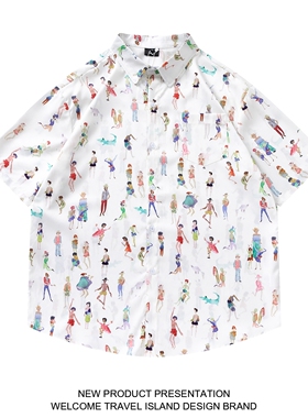 TRAVEL ISLAND 摆个姿势 原创个性创意人物印花宽松百搭短袖衬衫