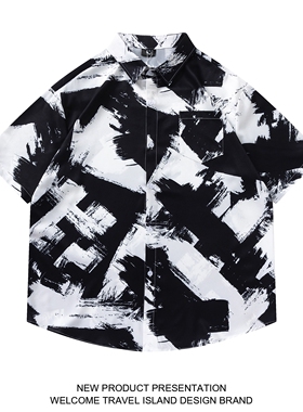 TRAVEL ISLAND 记忆重合 国潮牌小众设计感个性涂鸦印花短袖衬衫