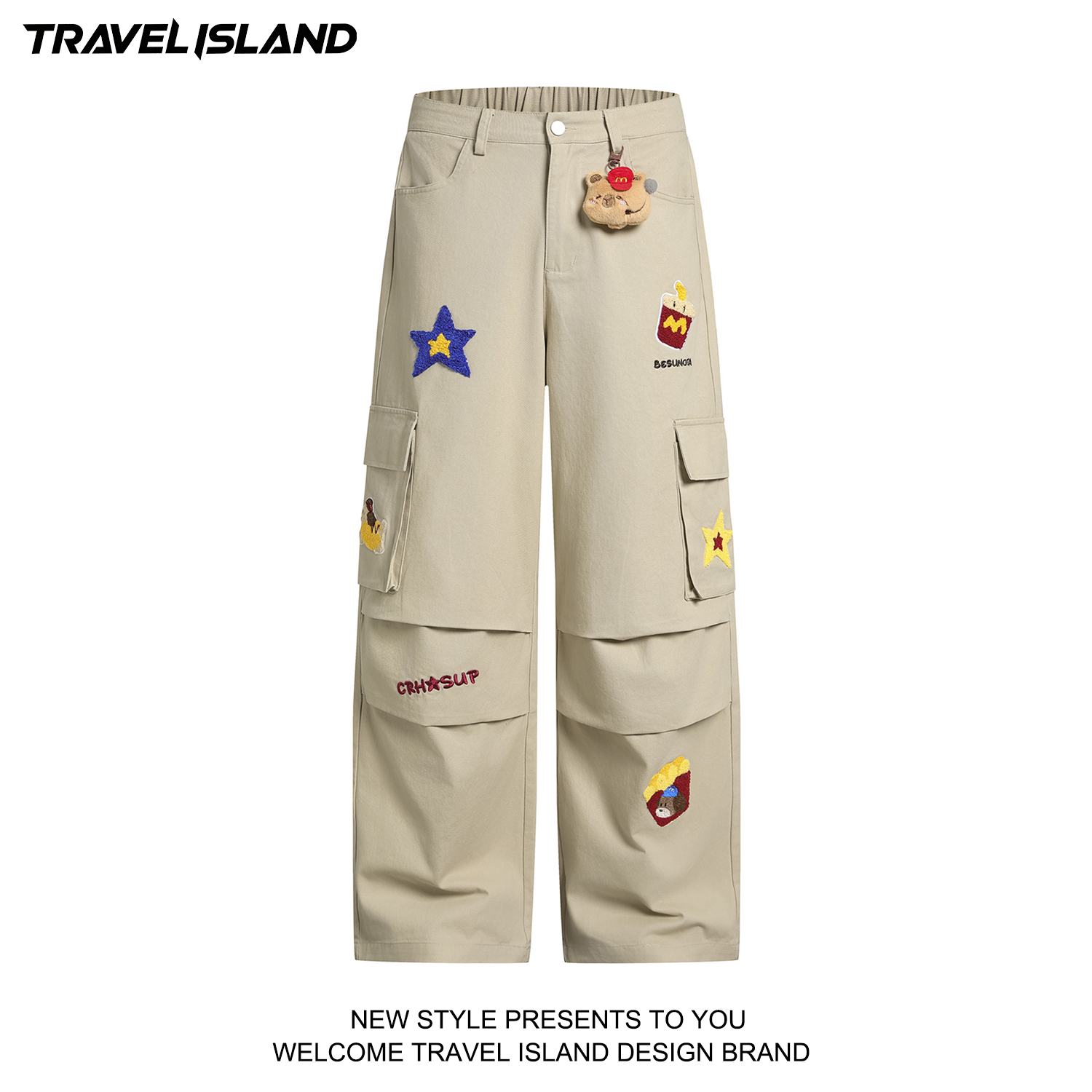 TRAVEL ISLAND 最爱薯条 美式趣味卡通刺绣直筒阔腿褶皱工装裤