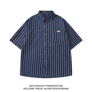 TRAVEL ISLAND 坚定没错 夏季复古学院风撞色竖条纹短袖宽松衬衫