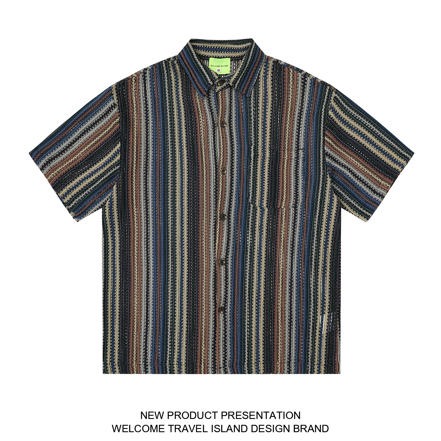 TRAVEL ISLAND 有点微凉 美式复古彩色条纹镂空针织微透短袖衬衫