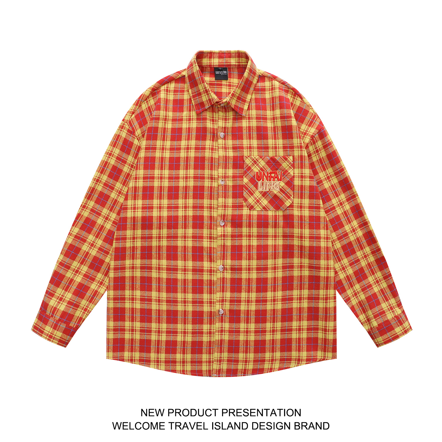 复古撞色红黄格子长袖衬衫