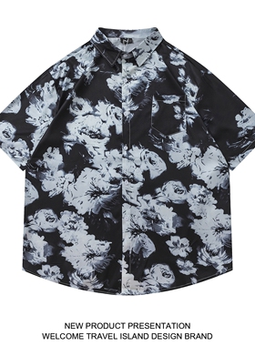 TRAVEL ISLAND 夜里生花 暗黑系复古花朵小众慵懒夏威夷短袖衬衫