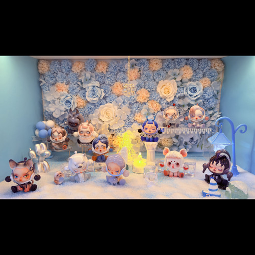玄关展示柜迷你盲盒造景diy适用泡泡玛特食梦动物系列蓝色花墙