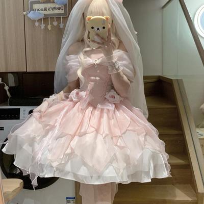 怦然心动小花仙一字肩少女小礼服Lolita蜜桃白茶原创设计现货掉落