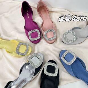 小个子内增高鞋中空单鞋女方扣水钻法式平底女鞋浅口方头鞋子凉鞋