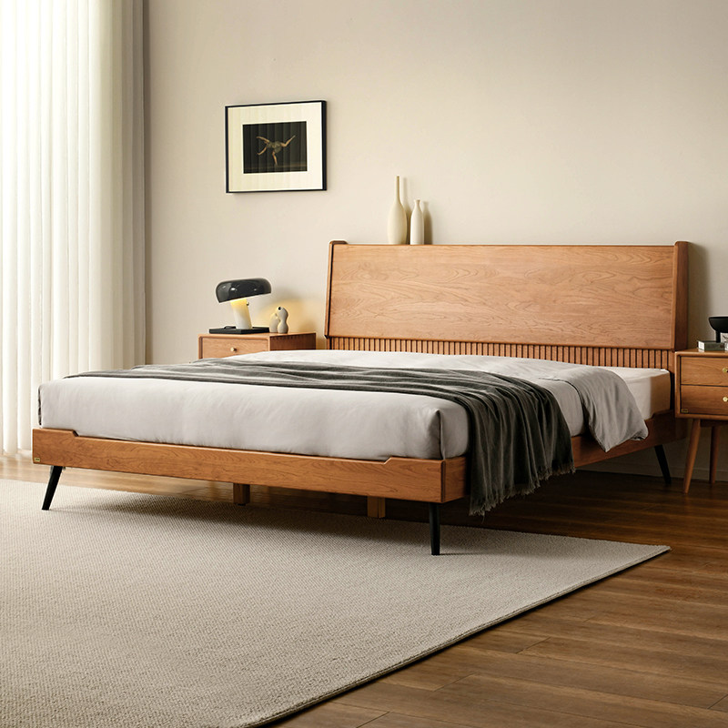 联邦家具实木床樱桃木灯芯绒靠背软包现代复古卧室双人月兔实木床